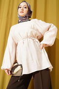 Balloon Sleeve Tencel Drawstring Tunic in Beige