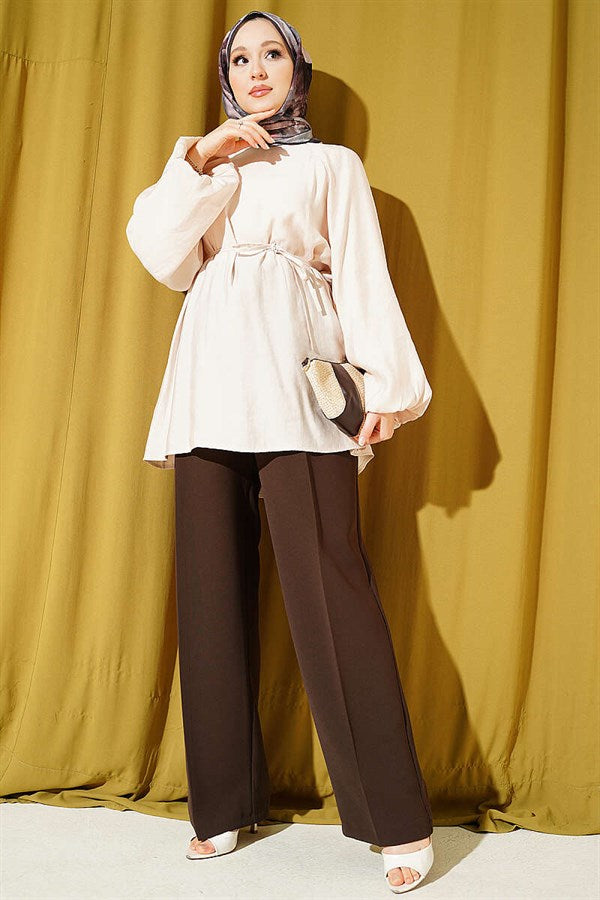 Balloon Sleeve Tencel Drawstring Tunic in Beige