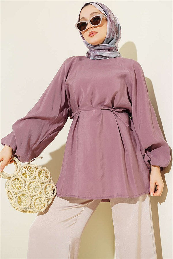 Balloon Sleeve Tencel Drawstring Tunic, Rose Pink