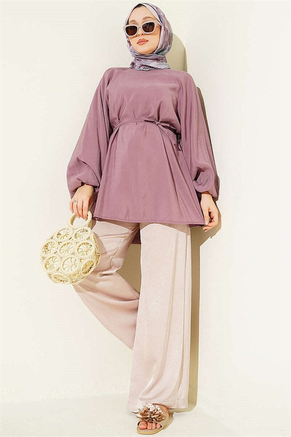 Balloon Sleeve Tencel Drawstring Tunic, Rose Pink