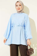 Balloon Sleeve Tencel Tunic with Belt, Blue