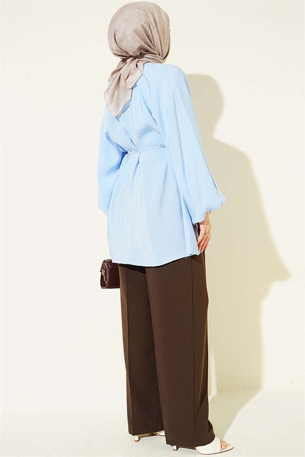 Balloon Sleeve Tencel Tunic with Belt, Blue