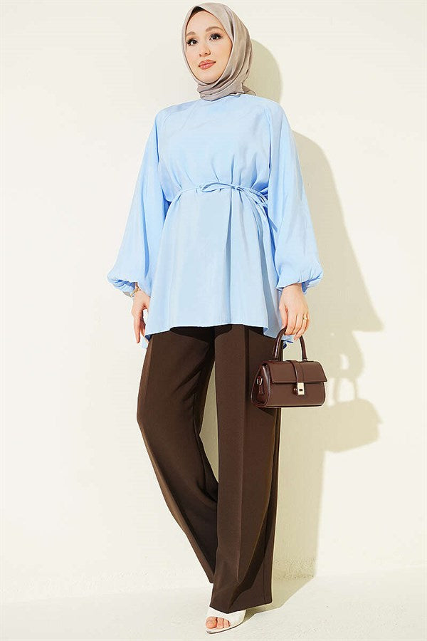 Balloon Sleeve Tencel Tunic with Belt, Blue
