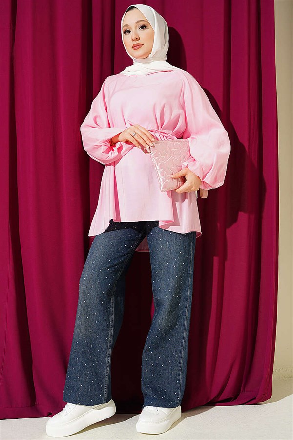Balloon Sleeve Tencel Tunic with Belt, Pink