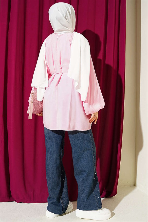 Balloon Sleeve Tencel Tunic with Belt, Pink
