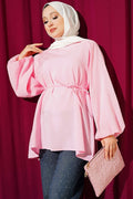 Balloon Sleeve Tencel Tunic with Belt, Pink