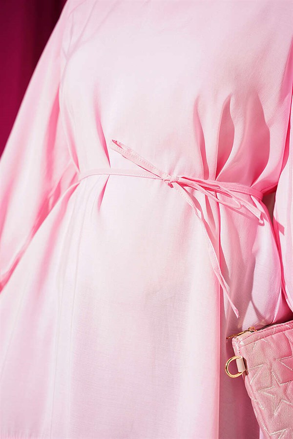 Balloon Sleeve Tencel Tunic with Belt, Pink