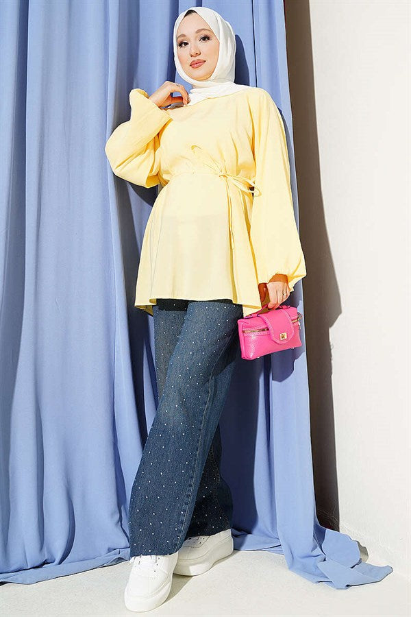 Balloon Sleeve Tencel Tunic with Belt, Yellow