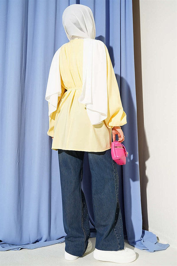 Balloon Sleeve Tencel Tunic with Belt, Yellow
