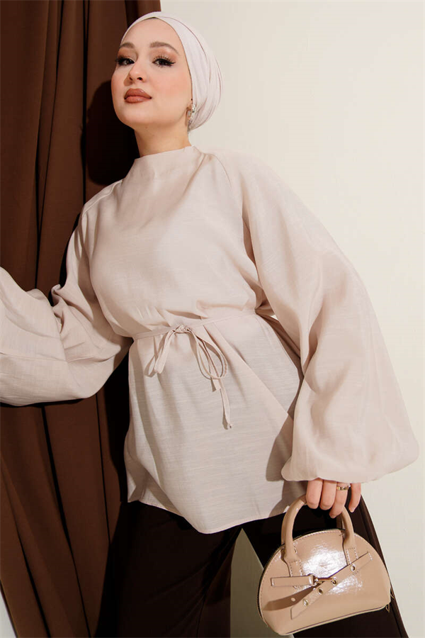 Balloon Sleeve Tencel Tunic Beige