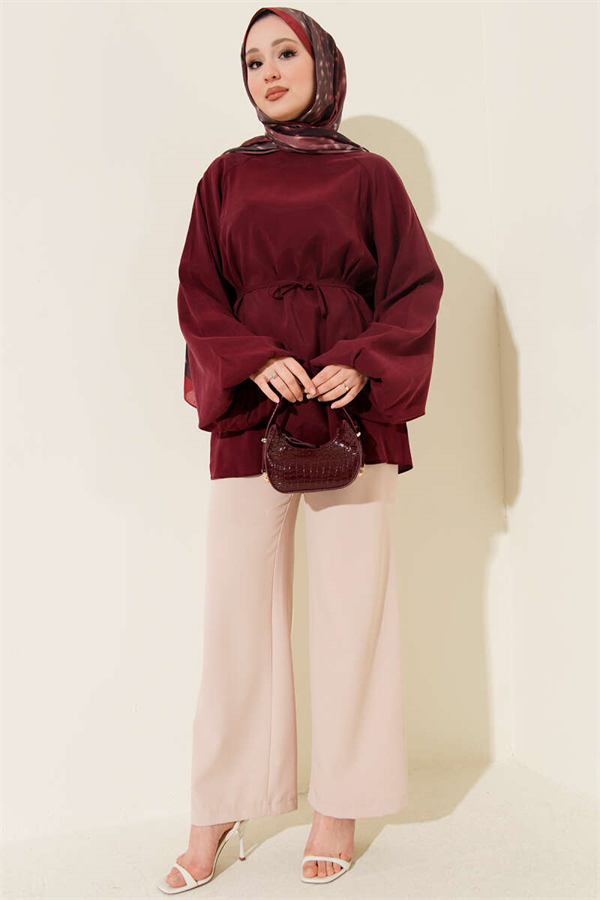 Balloon Sleeve Tencel Tunic Burgundy