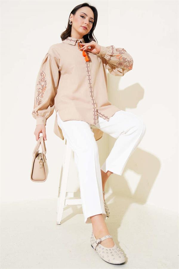 Balloon Sleeve Collar Thread Embroidered Shirt Latte
