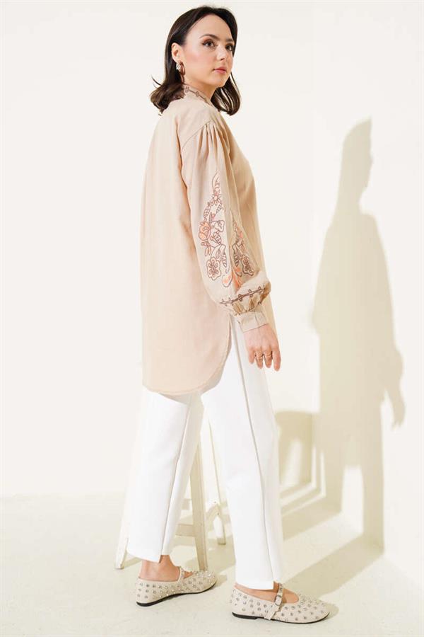 Balloon Sleeve Collar Thread Embroidered Shirt Latte