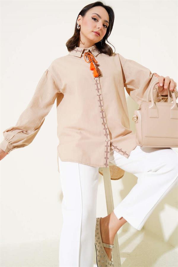 Balloon Sleeve Collar Thread Embroidered Shirt Latte