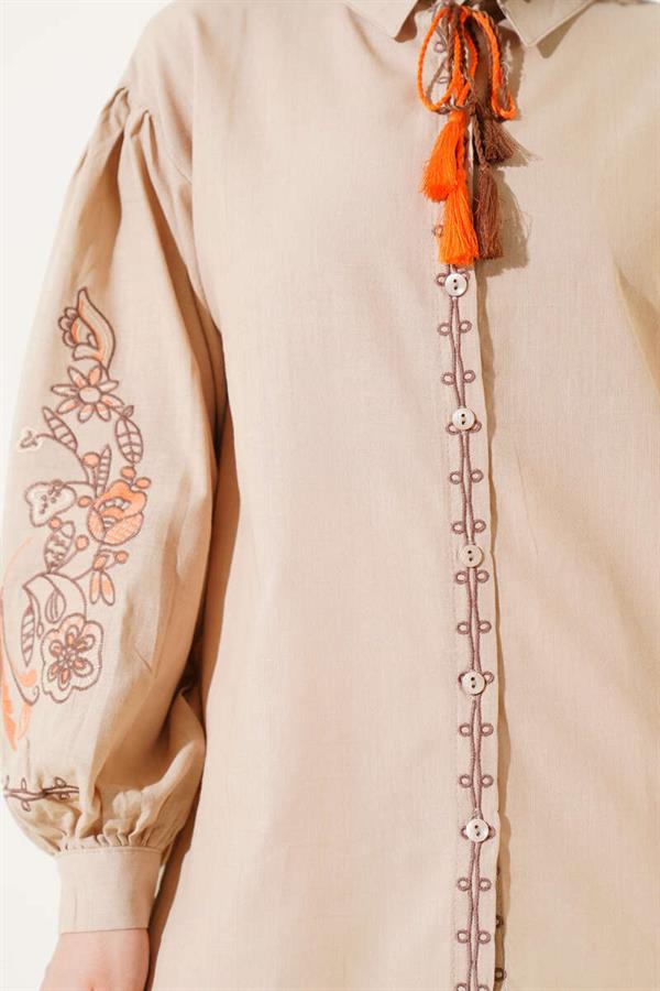 Balloon Sleeve Collar Thread Embroidered Shirt Latte