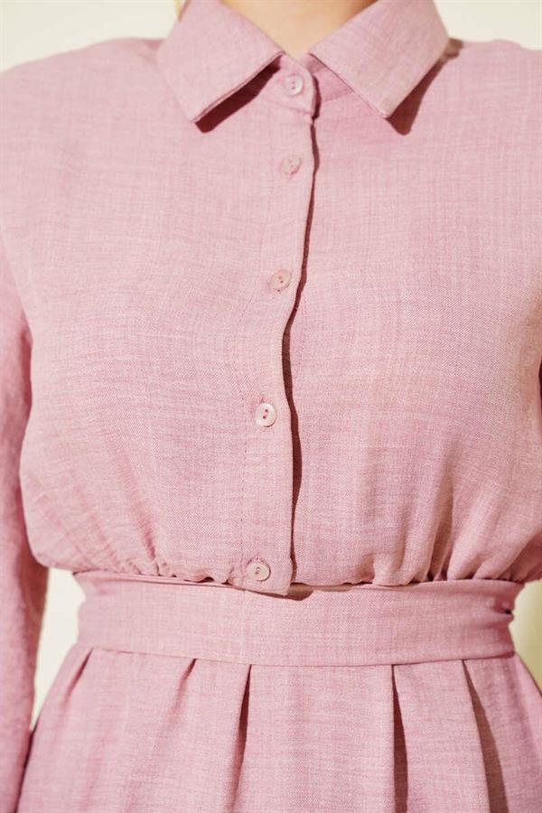 Balloon Sleeve Half Button Dress Powder1