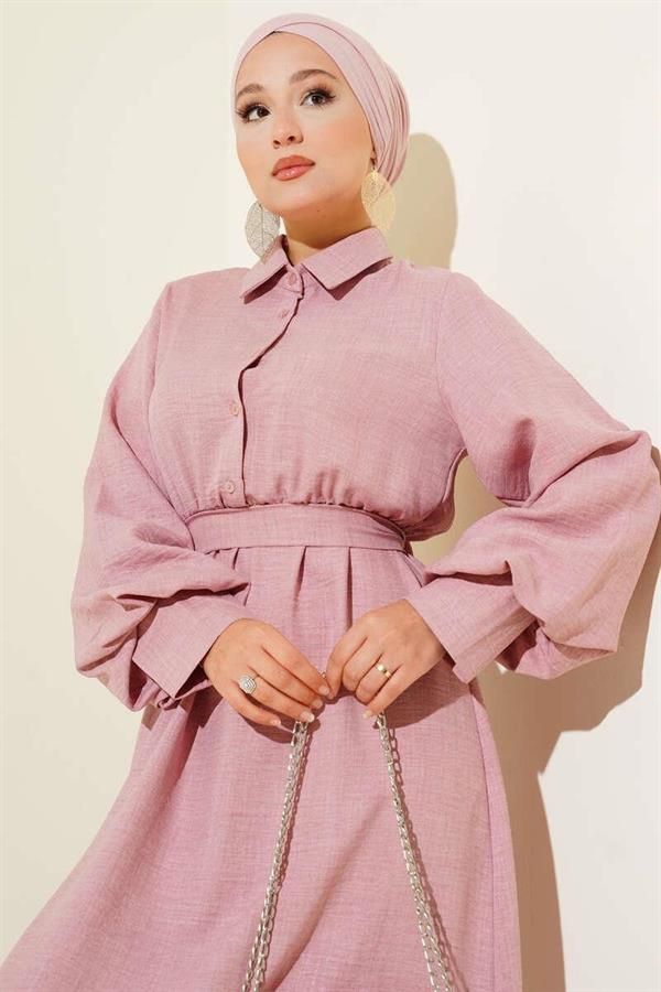 Balloon Sleeve Half Button Dress Powder1