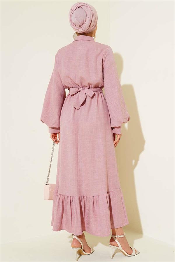 Balloon Sleeve Half Button Dress Powder1