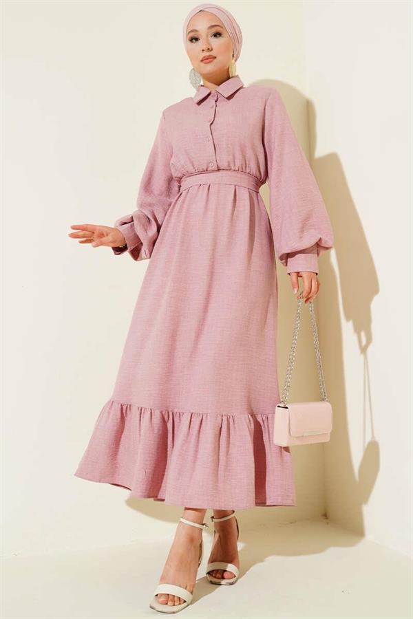 Balloon Sleeve Half Button Dress Powder1