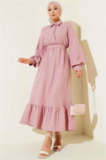 Balloon Sleeve Half Button Dress Powder1