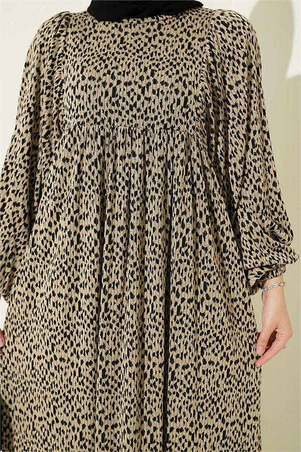 Balloon Sleeve Patterned Dress Beige