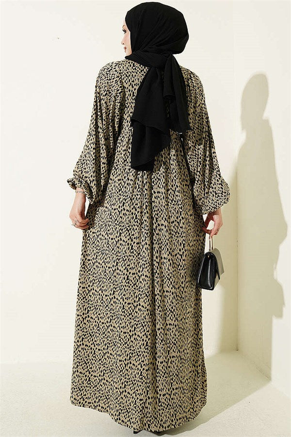 Balloon Sleeve Patterned Dress Beige