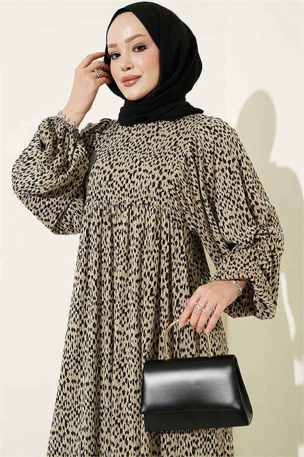 Balloon Sleeve Patterned Dress Beige