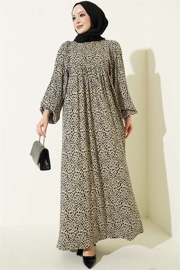 Balloon Sleeve Patterned Dress Beige