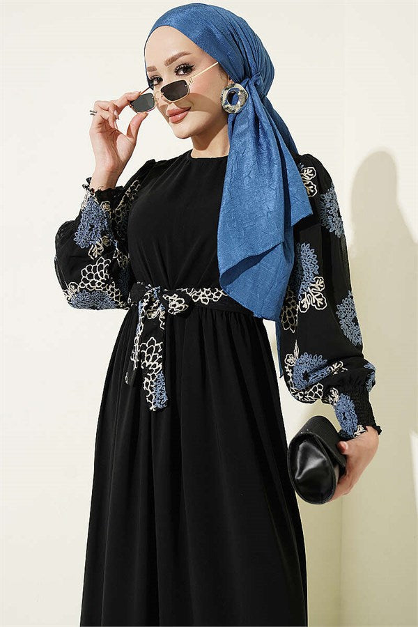 Balloon Sleeve Embroidered Dress Indigo
