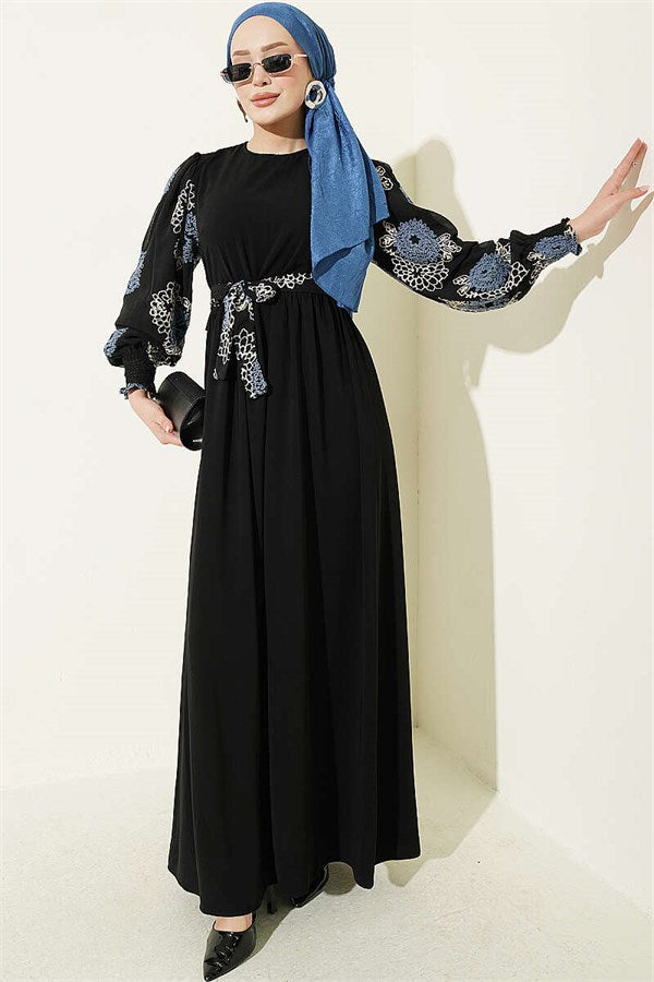 Balloon Sleeve Embroidered Dress Indigo