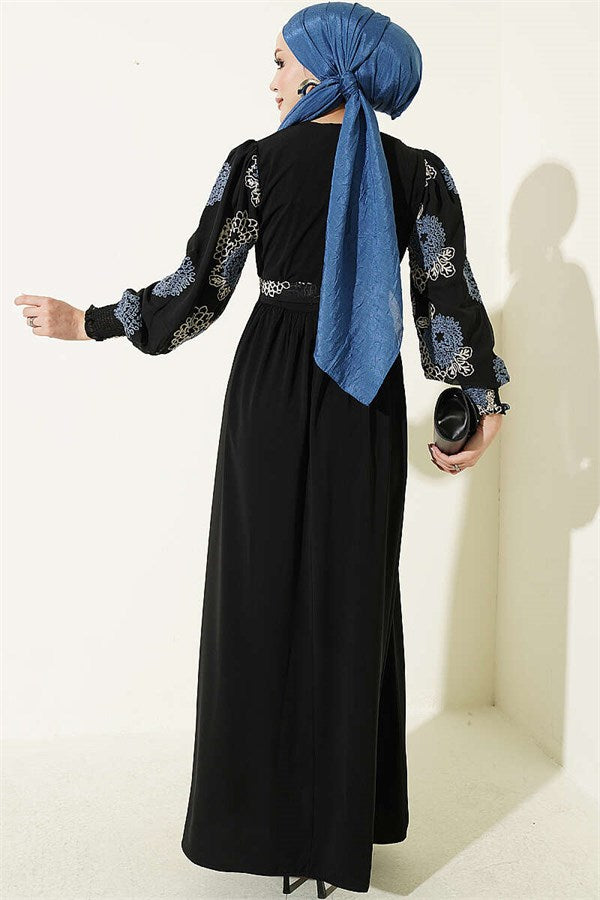 Balloon Sleeve Embroidered Dress Indigo
