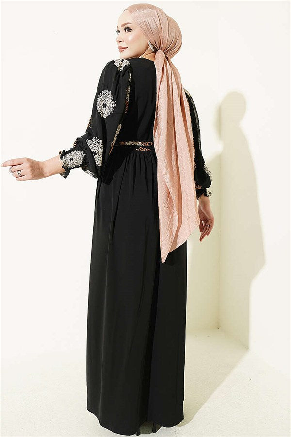 Balloon Sleeve Embroidered Dress Latte