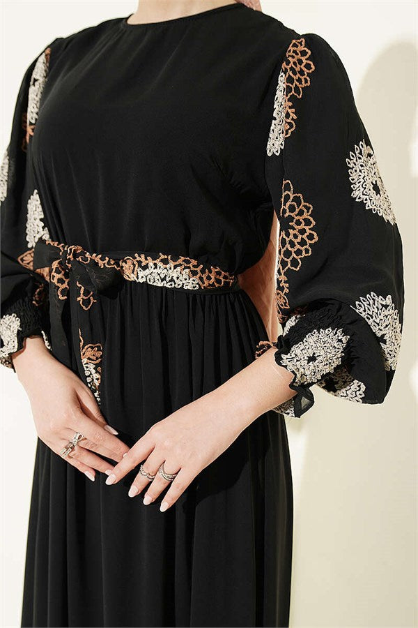Balloon Sleeve Embroidered Dress Latte