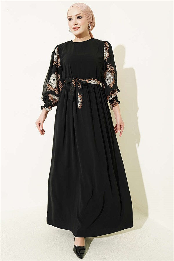 Balloon Sleeve Embroidered Dress Latte