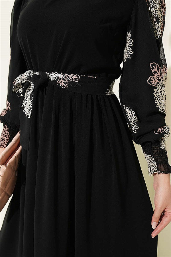 Balloon Sleeve Embroidered Dress Powder Pink