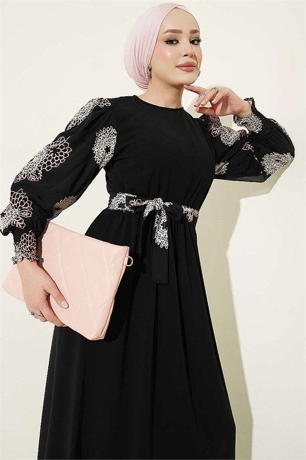 Balloon Sleeve Embroidered Dress Powder Pink
