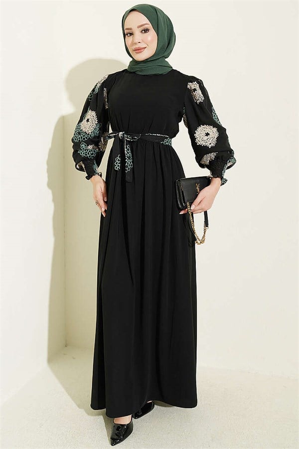 Balloon Sleeve Embroidered Dress Green
