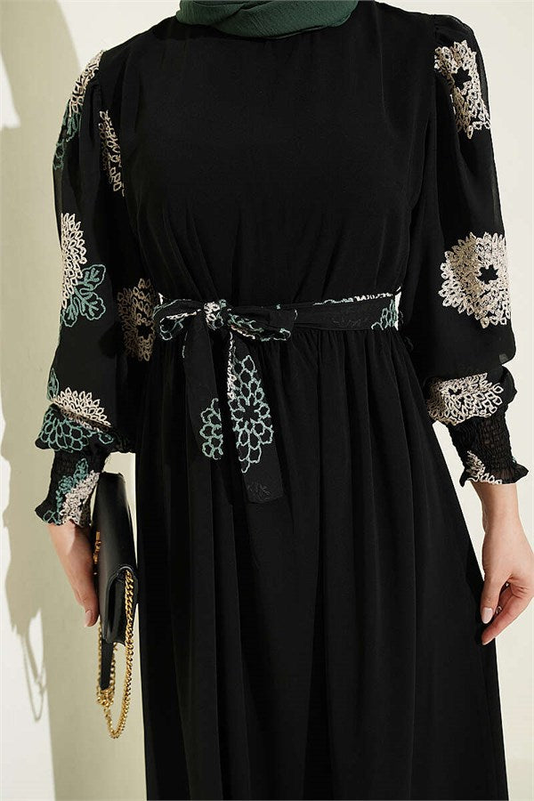 Balloon Sleeve Embroidered Dress Green
