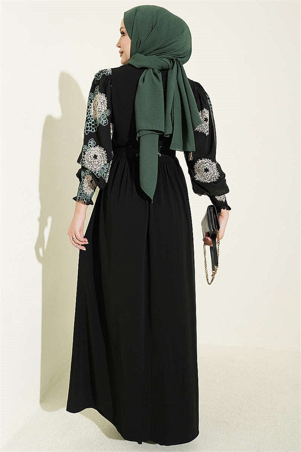 Balloon Sleeve Embroidered Dress Green