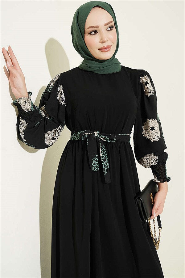 Balloon Sleeve Embroidered Dress Green