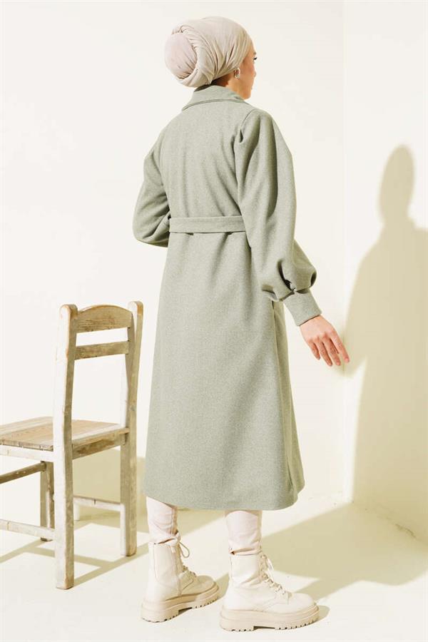 Balloon Sleeve Long Model Pistachio Green Cashmere Coat