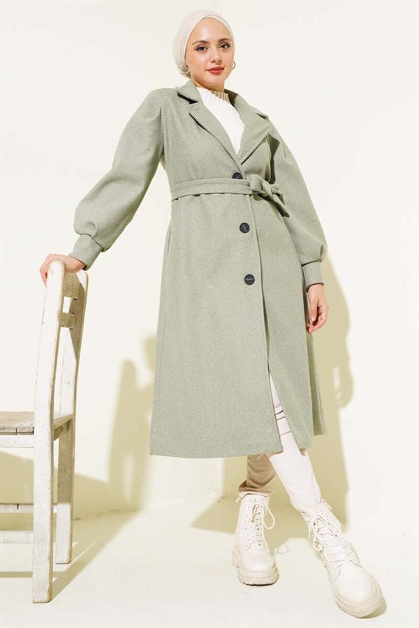 Balloon Sleeve Long Model Pistachio Green Cashmere Coat
