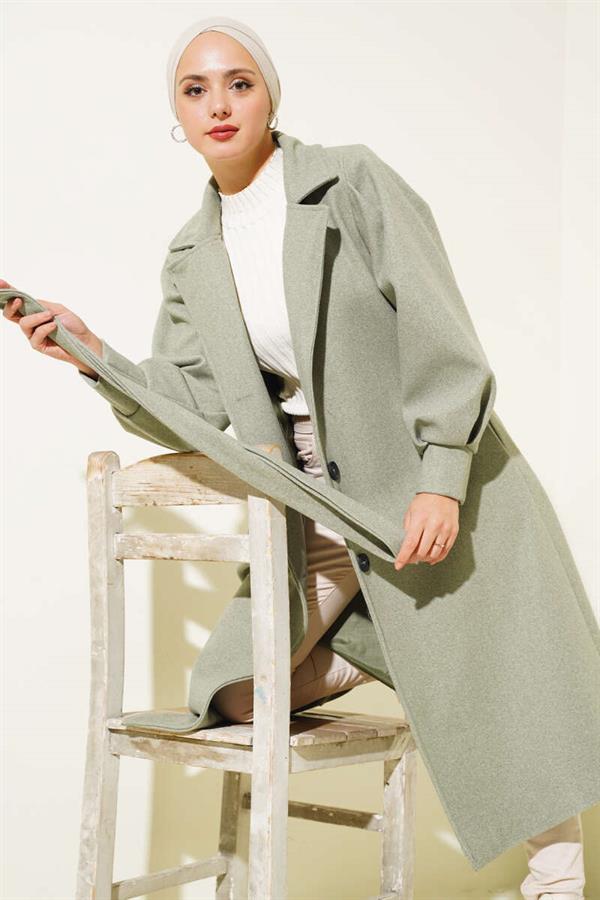Balloon Sleeve Long Model Pistachio Green Cashmere Coat