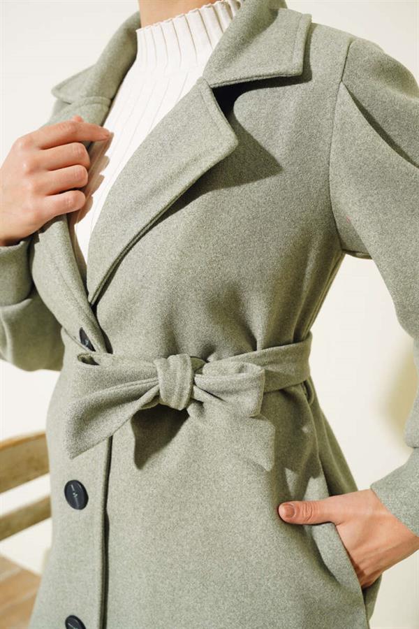 Balloon Sleeve Long Model Pistachio Green Cashmere Coat