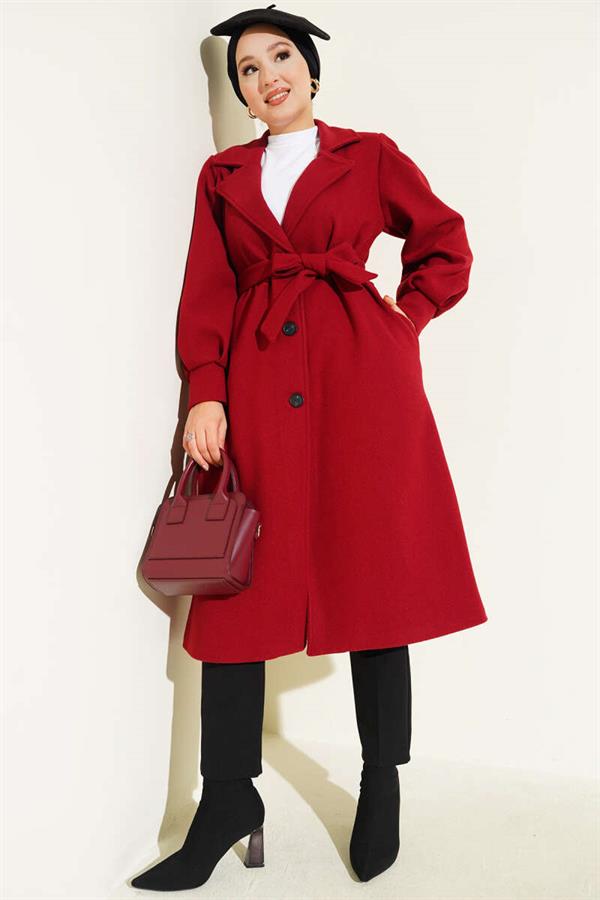 Balloon Sleeve Long Model Red Cashmere Coat