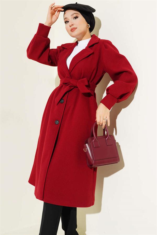 Balloon Sleeve Long Model Red Cashmere Coat