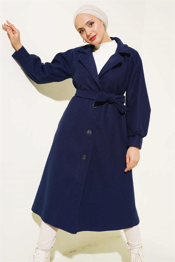 Balloon Sleeve Long Model Navy Blue Cashmere Coat