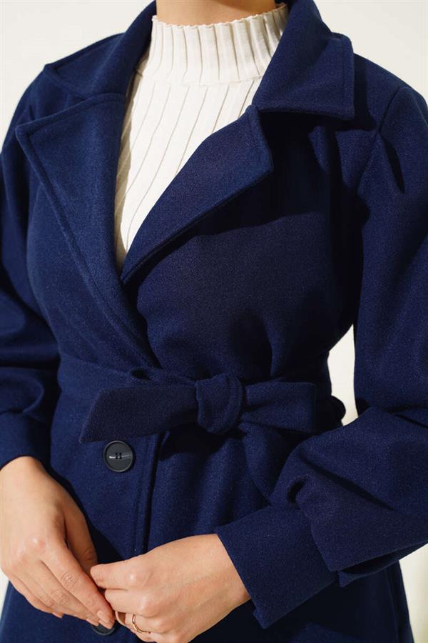 Balloon Sleeve Long Model Navy Blue Cashmere Coat