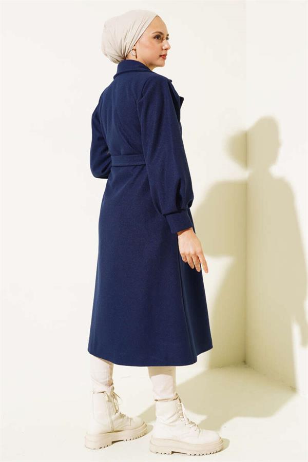 Balloon Sleeve Long Model Navy Blue Cashmere Coat