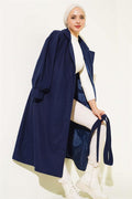 Balloon Sleeve Long Model Navy Blue Cashmere Coat